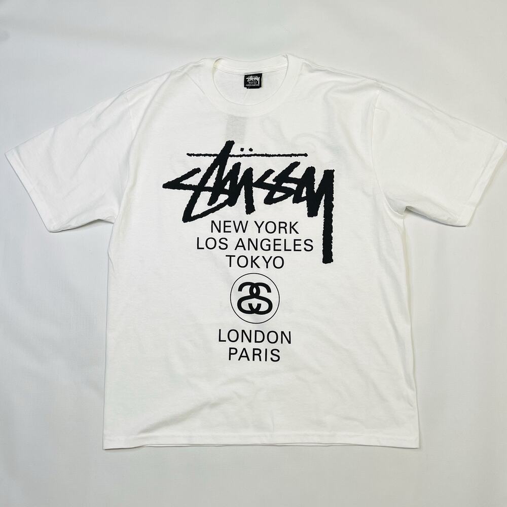 New Stussy World Tour Tee White Mens Size Large Double Sided Logo 2025